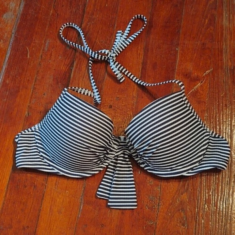 Aerie Bridget Navy and White Halter Neck Bikini Top Sz 36B
